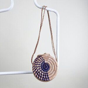 Vintage Handmade Straw Rattan Circle Purse Crossbody Shoulder Bag Boho Coastal